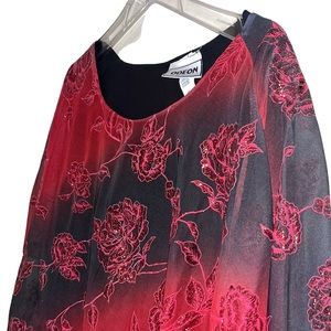 Vintage ODEON Red/Black Dressy Top~Roses~3x